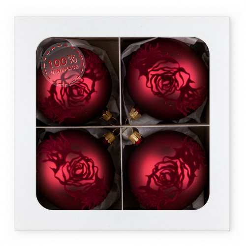Matte red ball with velvet rose decoration - 8 cm (4 pcs...