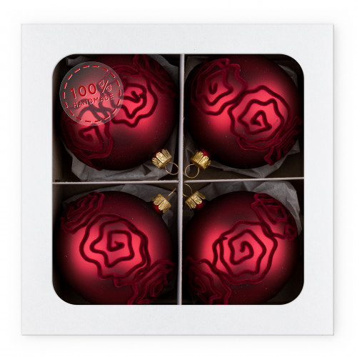 Matte red ball with velvet flower decoration (4 pcs in pack)