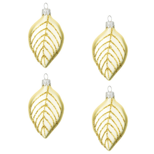 Glass Christmas ornament - leaf, yellow, frosted (4pcs in...